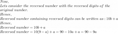 Now,\\Lets\ consider\ the\ reversed\ number\ with\ the\ reversed\ digits\ of\ the\\ original\ number.\\Hence,\\Reversed\ number\ containing\ reversed\ digits\ can\ be\ written\ as:10b+a\\Hence,\\Reversed\ number=10b+a\\Reversed\ number=10(9-a)+a=90-10a+a=90-9a\\