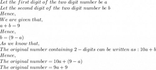 Let\ the\ first\ digit\ of\ the\ two\ digit\ number\ be\ a\\Let\ the\ second\ digit\ of\ the\ two\ digit\ number\ be\ b\\Hence,\\We\ are\ given\ that,\\a+b=9\\Hence,\\b=(9-a)\\As\ we\ know\ that,\\The\ original\ number\ containing\ 2-digits\ can\ be\ written\ as: 10a+b\\Hence,\\The\ original\ number=10a+(9-a)\\The\ original\ number=9a+9\\\\