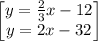 \begin{bmatrix}y=\frac{2}{3}x-12\\ y=2x-32\end{bmatrix}