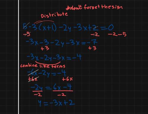 How do I turn 5 — 3(х+1) — 2y — 3х + 2 into an y=mx+b form