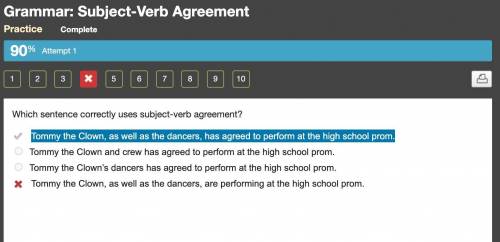 Which sentence correctly uses subject-verb agreement? Tommy the Clown, as well as the dancers, has a