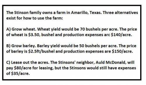 The Stinson family owns a farm. Three alternatives exist for how to use the farm: a) Grow wheat. Whe