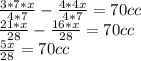 \frac{3*7*x}{4*7} - \frac{4*4x}{4*7} = 70 cc\\\frac{21*x}{28} - \frac{16*x}{28} = 70 cc\\\frac{5x}{28}= 70cc\\