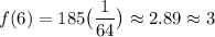 \displaystyle f(6)=185\big(\frac{1}{64}\big)\approx2.89\approx 3