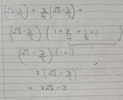 Find the sum of the geometric series.
/3-3/2+3|3/4-9/8+...