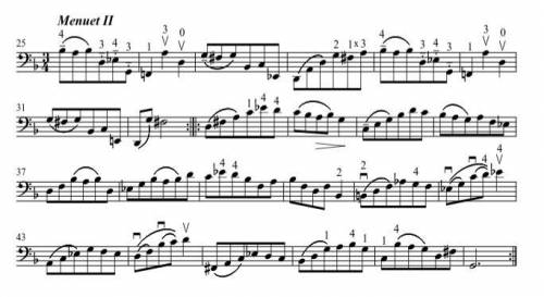 Write the meter signatures and meter type (e.g., simple duple) for the following melody. Bach, minue