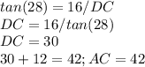 tan(28)=16/DC\\DC=16/tan(28)\\DC=30\\30+12=42; AC=42