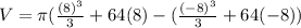 V = \pi (\frac{(8)^{3} }{3} + 64 (8) -  (\frac{(-8)^{3} }{3} +64(-8) )