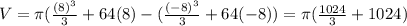 V = \pi (\frac{(8)^{3} }{3} + 64 (8) -  (\frac{(-8)^{3} }{3} +64(-8) )  = \pi (\frac{1024}{3} + 1024)