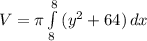 V =\pi \int\limits^8_8 {(y^2+64)} \, dx