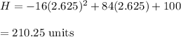 H = -16(2.625)^2 + 84(2.625) + 100\\\\=210.25\ \text{units}