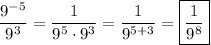 \dfrac{9^{-5}}{9^3}=\dfrac{1}{9^5\cdot9^3}=\dfrac{1}{9^{5+3}}=\boxed{\dfrac{1}{9^8}}