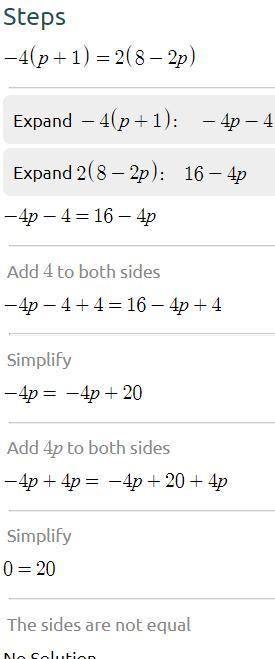 -4(p + 1) = 2(8 --2p)
Step by step explanation please