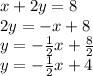 x+2y=8\\2y=-x+8\\y=-\frac{1}{2}x+\frac{8}{2}\\ y=-\frac{1}{2}x+4