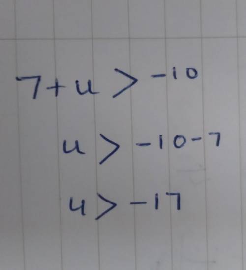 Solve the inequality for u. 7+u>-10