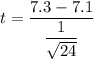 t = \dfrac{ 7.3-7.1}{\dfrac{1}{\sqrt{24}}}