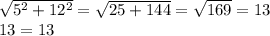 \sqrt{5^{2} +12^{2} } =\sqrt{25+144} =\sqrt{169} =13\\13=13