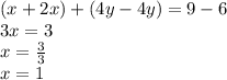 (x + 2x) + (4y - 4y) = 9 - 6 \\ 3x = 3 \\ x =  \frac{3}{3}  \\ x = 1