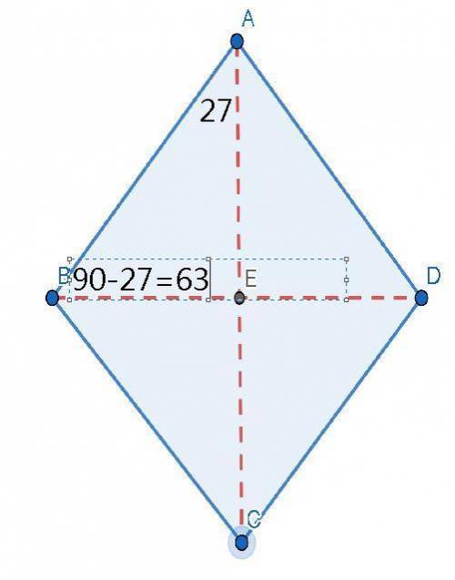 In rhombus ABCD , m∠EAB=27∘ .

What is m∠EBC ?
Enter your answer in the box.
m∠EBC = °
Rhombus A B C