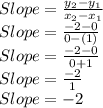 Slope=\frac{y_2-y_1}{x_2-x_1}\\Slope=\frac{-2-0}{0-(1)} \\Slope=\frac{-2-0}{0+1}\\Slope=\frac{-2}{1}\\Slope=-2