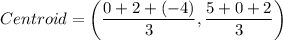 Centroid=\left(\dfrac{0+2+(-4)}{3},\dfrac{5+0+2}{3}\right)