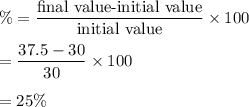 \%=\dfrac{\text{final value-initial value}}{\text{initial value}}\times 100\\\\=\dfrac{37.5-30}{30}\times 100\\\\=25\%