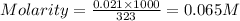 Molarity=\frac{0.021\times 1000}{323}=0.065M