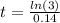 t=\frac{ln(3)}{0.14}