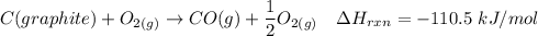 C(graphite) + O_{2(g)} \to CO (g) + \dfrac{1}{2}O_{2(g)}  \   \ \   \Delta H_{rxn} = -110.5 \ kJ/mol