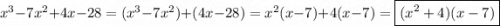 x^3-7x^2+4x-28 = (x^3-7x^2)+(4x-28) = x^2(x-7)+4(x-7) = \boxed{(x^2+4)(x-7) }