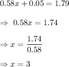 0.58x+0.05=1.79\\\\\Rightarrow\ 0.58x= 1.74\\\\\Rightarrow x=\dfrac{1.74}{0.58}\\\\\Rightarrow x=3