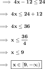 \bf\implies 4x - 12 \leq 24 \\\\\bf\implies 4x \leq 24+12 \\\\\bf\implies 4x \leq 36 \\\\\bf\implies x \leq \dfrac{36}{4}\\\\\bf\implies x\leq 9\\\\\bf\implies \boxed{\red{\bf x \in [9,-\infty )  }}