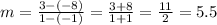 m = \frac{3 - (-8)}{1 - (-1)} = \frac{3 +8}{1 +1} = \frac{11}{2} = 5.5