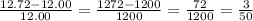 \frac{12.72-12.00}{12.00} = \frac{1272 - 1200}{1200} = \frac{72}{1200} = \frac{3}{50}
