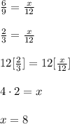 \frac{6}{9}=\frac{x}{12}\\\\\frac{2}{3}=\frac{x}{12}\\\\12[\frac{2}{3}]=12[\frac{x}{12}]\\\\4\cdot 2=x\\\\x=8
