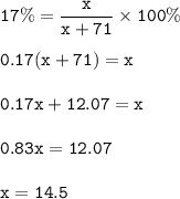 \tt 17\%=\dfrac{x}{x+71}\times 100\%\\\\0.17(x+71)=x\\\\0.17x+12.07=x\\\\0.83x=12.07\\\\x=14.5
