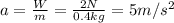 a = \frac{W}{m} = \frac{2 N}{0.4 kg} = 5 m/s^{2}