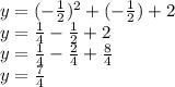 y = ( -  \frac{1}{2} )^{2}  + ( -  \frac{1}{2} ) + 2 \\ y =  \frac{1}{4}  -  \frac{1}{2}  + 2 \\ y =  \frac{1}{4}  -  \frac{2}{4}  +  \frac{8}{4}  \\ y =  \frac{7}{4}