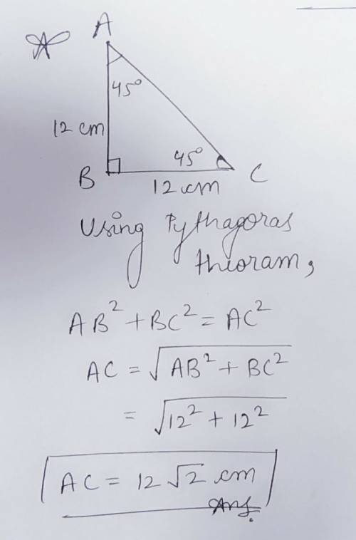 24. each leg of a 45°-45°-90° triangle measures 12 cm. mc013-1.jpg what is the length of the hypoten
