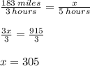 \frac{183 \: miles}{3 \: hours}  =  \frac{x}{5 \: hours}  \\  \\  \frac{3x}{3}  =  \frac{915}{3}  \\  \\ x = 305