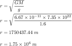 r=\sqrt{\dfrac{GM}{g}} \\\\r=\sqrt{\dfrac{6.67\times 10^{-11}\times 7.35\times 10^{22}}{1.6}} \\\\r=1750437.44\ m\\\\r=1.75\times 10^6\ m