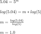 5.04 =5^m\\\\log(5.04)=m*log(5)\\\\m=\frac{log(5.04)}{log(5)} \\\\m=1.0