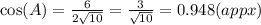 \cos(A) = \frac{6}{2 \sqrt{10} }  =   \frac{3}{ \sqrt{10} }  = 0.948(appx)