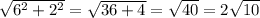 \sqrt{ {6}^{2} +  {2}^{2}  }  =  \sqrt{36 + 4}  =  \sqrt{40}  = 2 \sqrt{10}