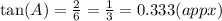 \tan(A) = \frac{2}{6}  =  \frac{1}{3}  = 0.333(appx)