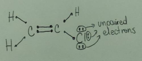 Draw a Lewis structure for C2H3Cl . Include all hydrogen atoms and show all unshared electron pairs.