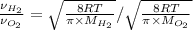 \frac{\nu_{H_2}}{\nu_{O_2}}=\sqrt{\frac{8RT}{\pi\times M_{H_2}}}/{\sqrt{\frac{8RT}{\pi\times M_{O_2}}}