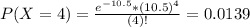 P(X = 4) = \frac{e^{-10.5}*(10.5)^{4}}{(4)!} = 0.0139