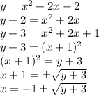 y = x^2 + 2x - 2\\y + 2 = x^2 + 2x\\y + 3 = x^2 + 2x + 1\\y + 3 = (x + 1)^2\\(x + 1)^2 = y + 3\\x + 1 = \pm \sqrt{y + 3}\\x = -1 \pm \sqrt{y + 3}