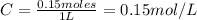 C = \frac{0.15 moles}{1 L} = 0.15 mol/L